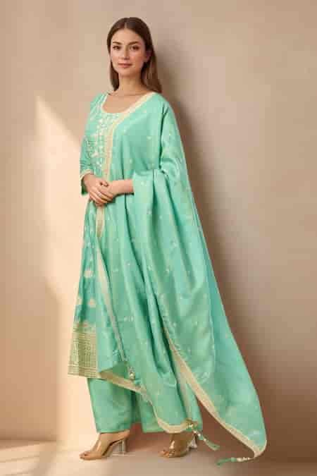 Buy Samyukta Singhania Teal Floral Geometric Embroidered Kurta Set ...