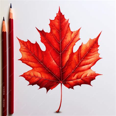 Premium Photo | Red maple leaf pencil drawing on white paper