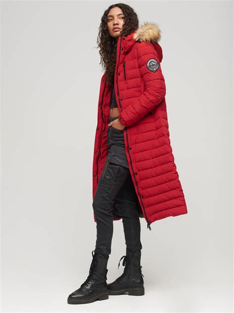 Superdry Fuji Hooded Longline Puffer Coat, Varsity Red at John Lewis ...