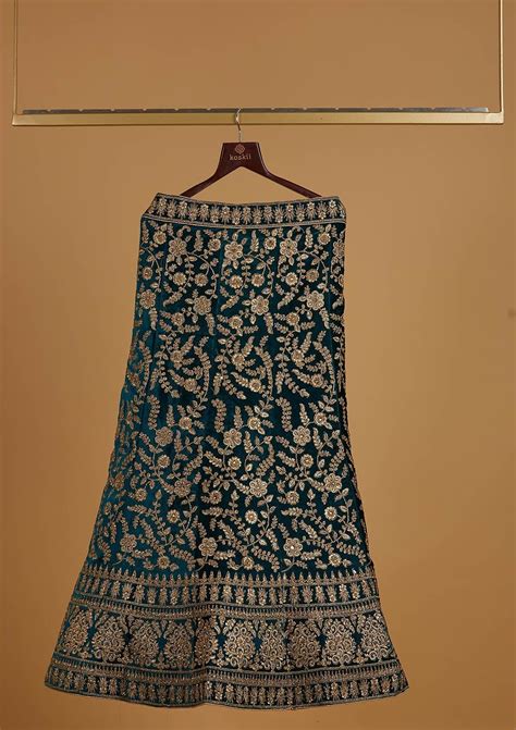 Buy Rama Green Zariwork Velvet Semi Stitched Lehenga - Koskii