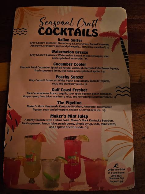 Menu at Surf Hut restaurant, Destin