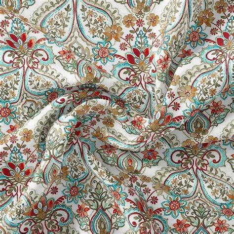Weightless Digital Printed Polyester Fabric - Teal, Red and Brown ...