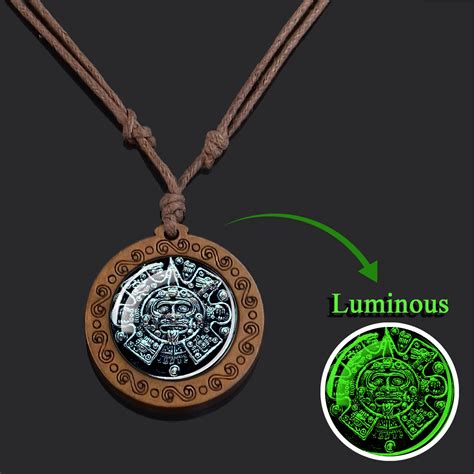 Esspoc Mayan Calendar Necklace Vintage Wooden Mexican Luminous Aztec ...