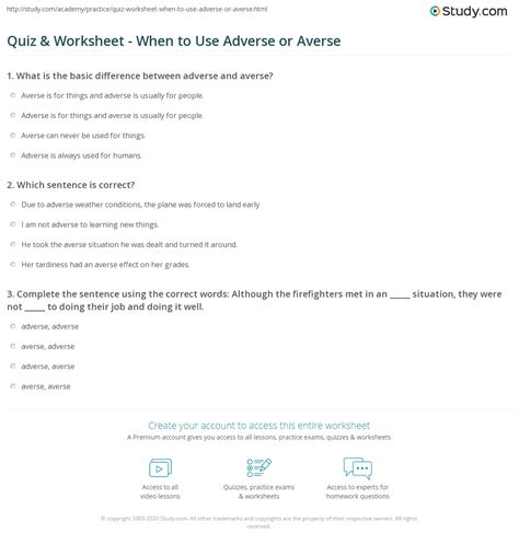 Quiz & Worksheet - When to Use Adverse or Averse | Study.com