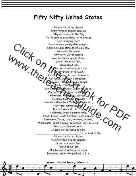 Fifty Nifty United States Lyrics, Printout, MIDI, and Video