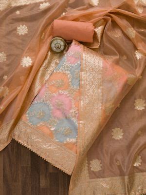 Buy Koskii Peach Zari work Banarasi Silk Unstitched Salwar Suit (Set of ...