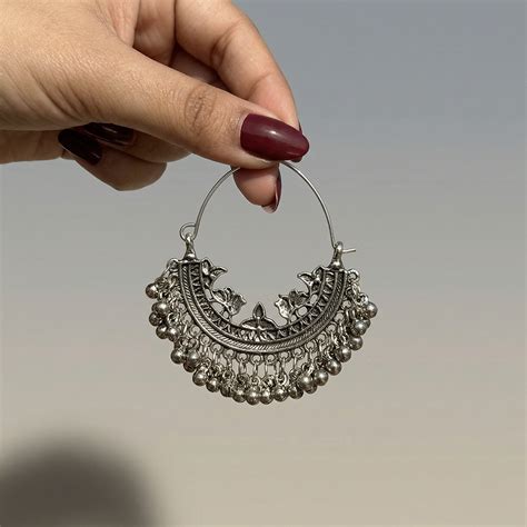 Oxidised Silver Chandbali Crescent Hoop Ghungroo Earrings – Jaipurmohra