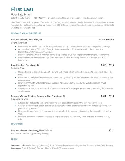 Uber Eats Driver Resume Examples for 2026 | Resume Worded