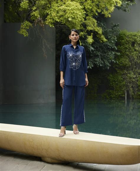 Elegant Navy Blue Embroidered Shirt & Pant Set – Kaftanize