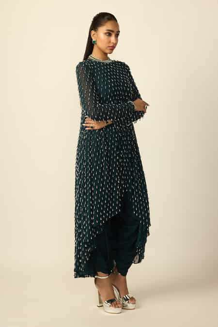 Buy Blue Georgette, Silk Beads Round Neck Drop Embellished Kurta And ...