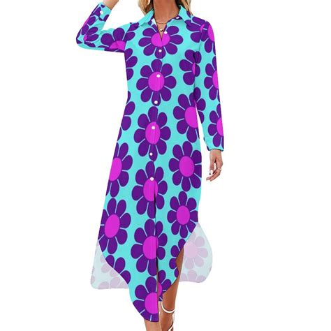 Purple Pink Hippy Flower Daisy Long Sleeved Shirt Dress wedding guest dress 2024 ladies dresses ...
