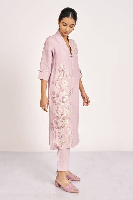 Buy Purple 100% Linen Printed And Embroidered Foil V Neck Bamboo Grove ...