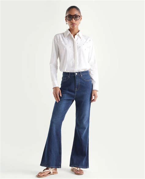 Buy Denfa - Dark Blue Solid Bootcut Jean| Rareism