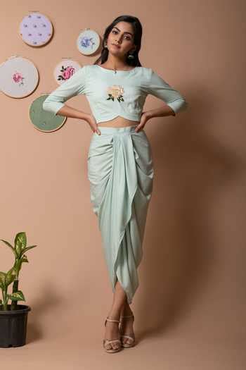 Buy Green Polycrepe Floral, Sequin Round Embroidered Crop Top And ...