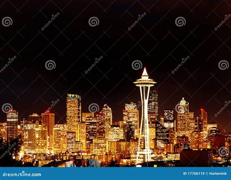 Night View on Seattle Skyline with Space Needle Editorial Stock Image ...