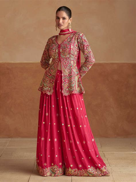 Embroidered Chinon Kurti With Gharara & Dupatta – Meenabazaar