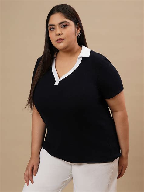 Women Blue Plus Size Collar T-Shirt