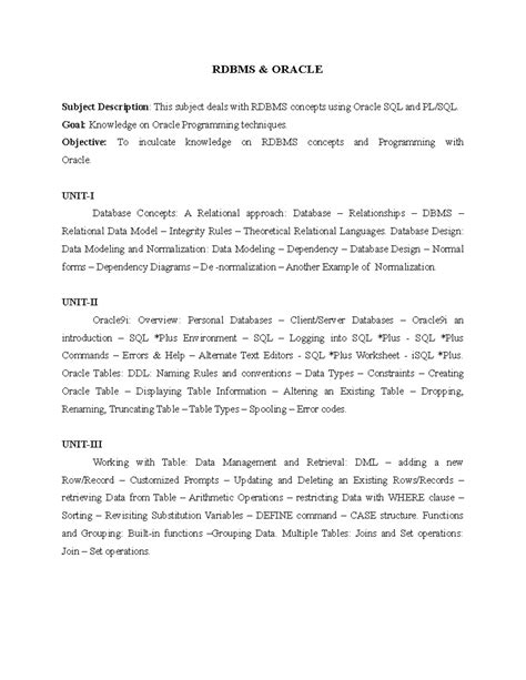 RDBMS Concepts & Oracle SQL/PLSQL Study Materials (CS101) - Studocu