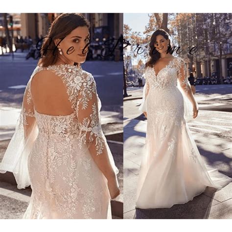 Plus Size Mermaid Bridal Gown Backless Wedding Dress With Lace Appliques, V-neck, and Zipper ...