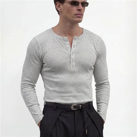 Light Grey Ribbed Henley Long sleeves Tshirt | Buy Mens Tshirt ...