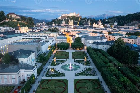 Classic view of famous Mirabell Gardens with historic Hohensalzburg ...