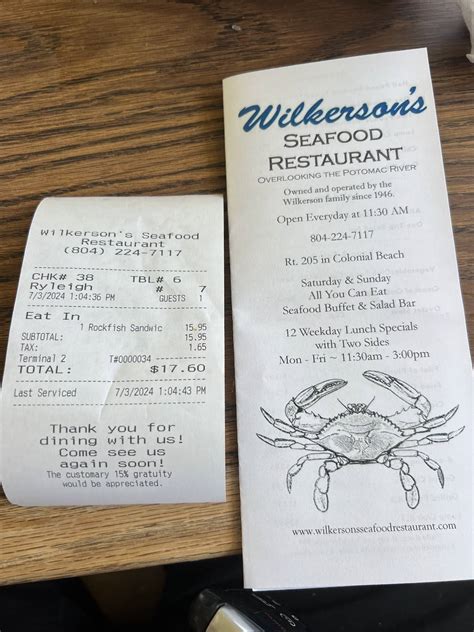 Menu at Wilkerson's Seafood Restaurant, Colonial Beach