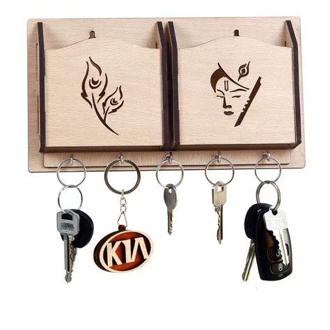 Lakhaji Wooden Krishna Design Key Holder with Mobile Charging Stand and ...