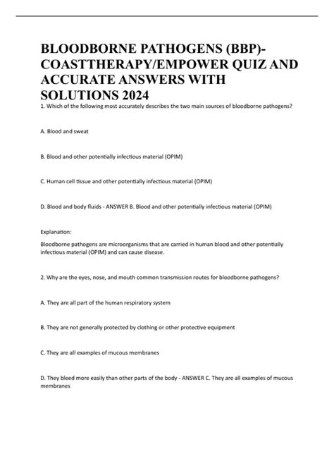 BLOODBORNE PATHOGENS (BBP)-COASTTHERAPY/EMPOWER QUIZ AND ACCURATE ...