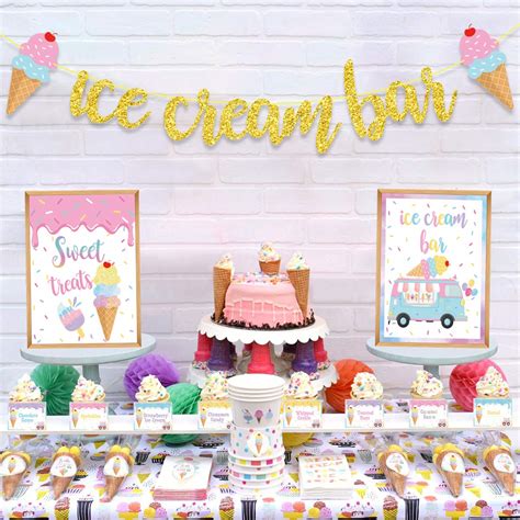 Ice Cream Bar Decorations Kit,Gold Glitter Ice Cream Bar Banner,Ice ...