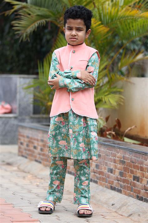 Buy Mamma's Bear Green Floral Kurta & Jacket Set for BoysOnline