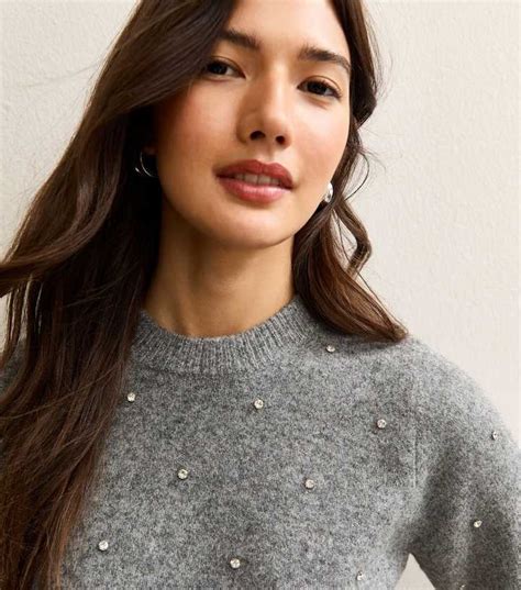 Mid Grey Diamanté Embellished Short Sleeve Top | New Look