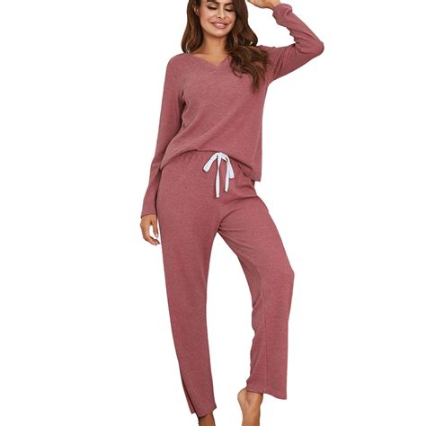 Pajamas for Women Soft Comfy 2-Piece Waffle Knit Set Solid Relaxed-Fit ...
