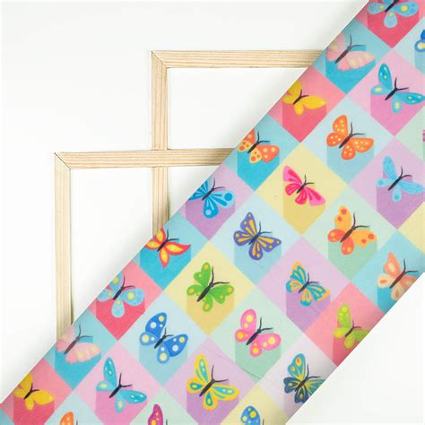Purple And Multi-Color Butterfly Pattern Digital Print Chanderi Fabric ...