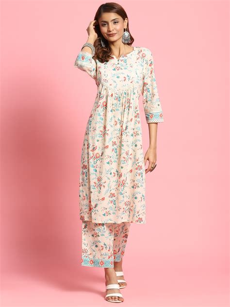 Off-White Multi Floral Printed Kurta with Comfort Pant @SHREE