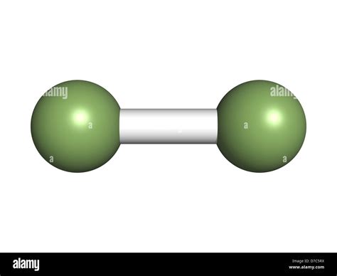 Elemental fluorine (F2), molecular model. Atoms are represented as ...