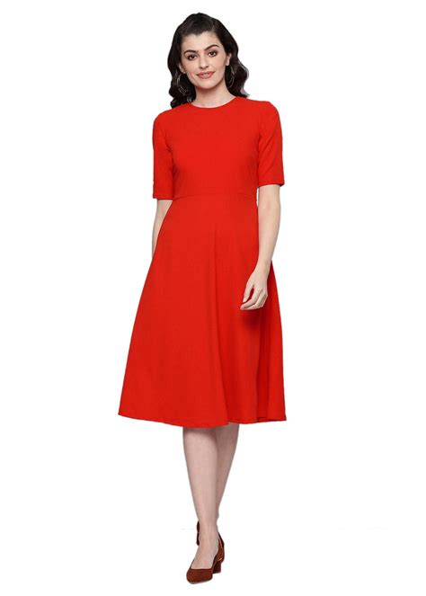 Get Red Fit & Flare Short Sleeve Midi Dress at ₹ 1274 | LBB Shop