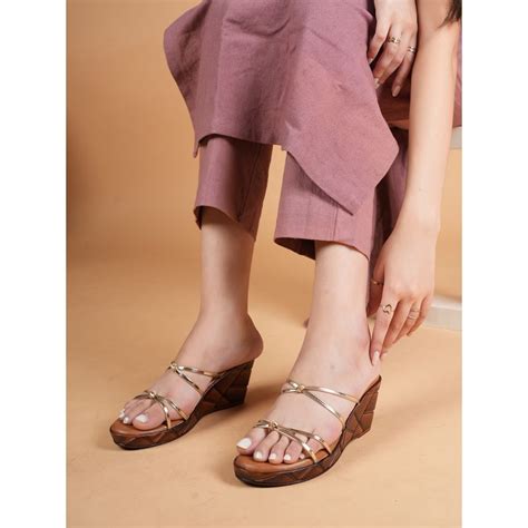 Buy MOZAFIA Women Gold Slip On Wedges Online