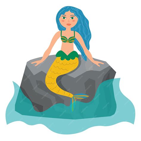 Premium Vector | Cute cartoon mermaid sitting on the rock in the sea in ...