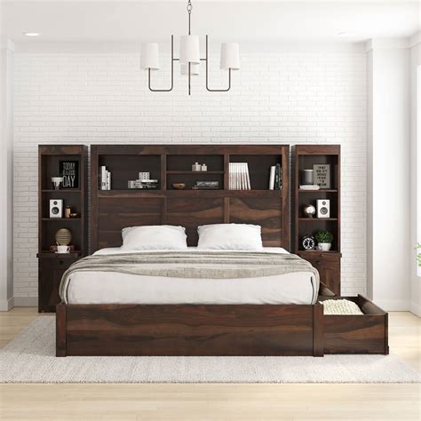 El Centro Solid Wood Storage Platform Bed Frame w Bookcase Headboard
