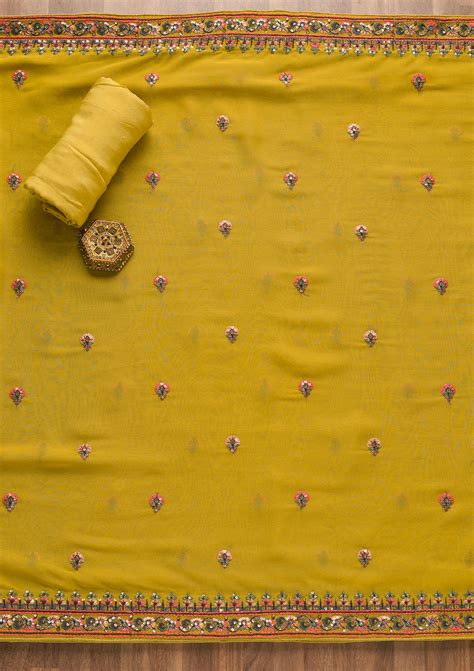 Buy Mehendi Threadwork Georgette Unstitched Salwar Suit - Koskii