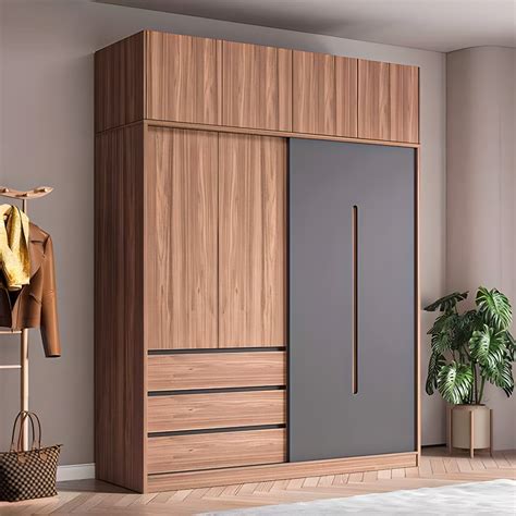 Modern Sliding Door Wardrobe with Wood and Gray Finish