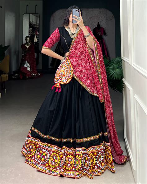 Designer Black Color Cotton Real mirror Work Navratri Lehenga Choli ...