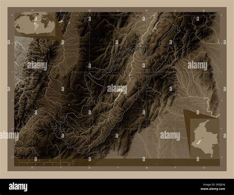Huila, department of Colombia. Elevation map colored in sepia tones with lakes and rivers ...