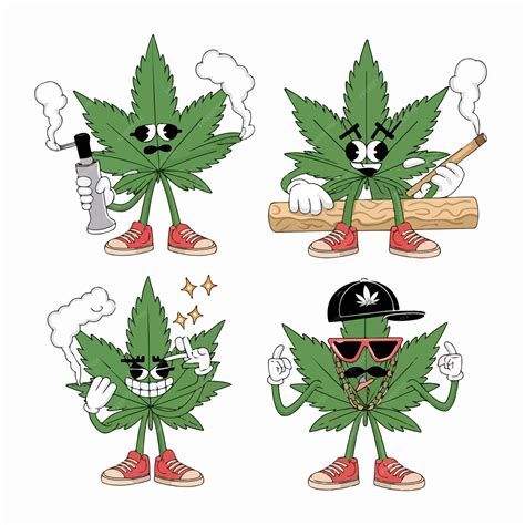Funny Marijuana Leaf Cartoon Characters Raster Hand Drawn Collection Set Isolated On Transparent ...