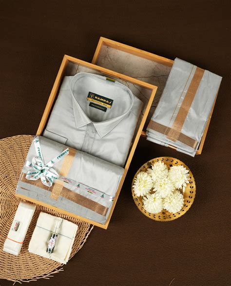 RAMRAJ Silver Grey Colour shirt paired with a matching dhoti and towel
