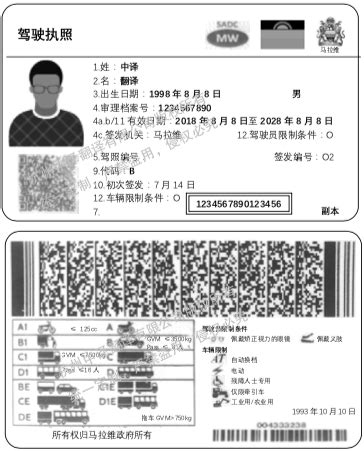 马拉维共和国驾照翻译模板「杭州中译翻译公司」