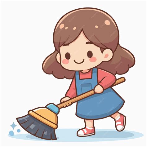 Cartoon little girl sweeping the floor | Premium AI-generated vector