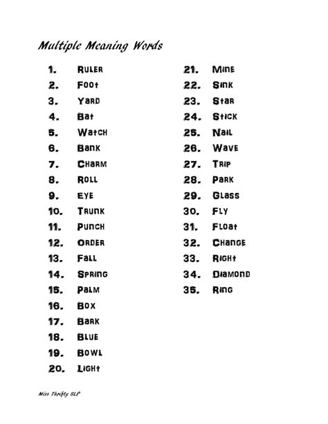 List Of Multiple Meaning Words