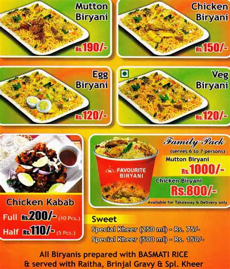 Menu at Favourite Biryani, Bengaluru, 1