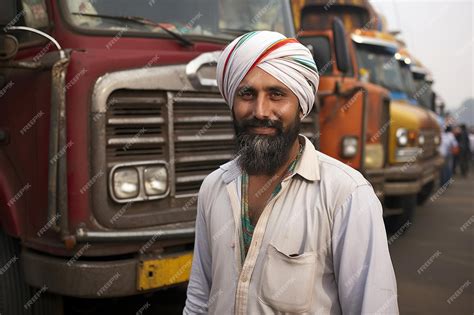 Premium Photo | Indian happy hardworking truck driver standing in front ...